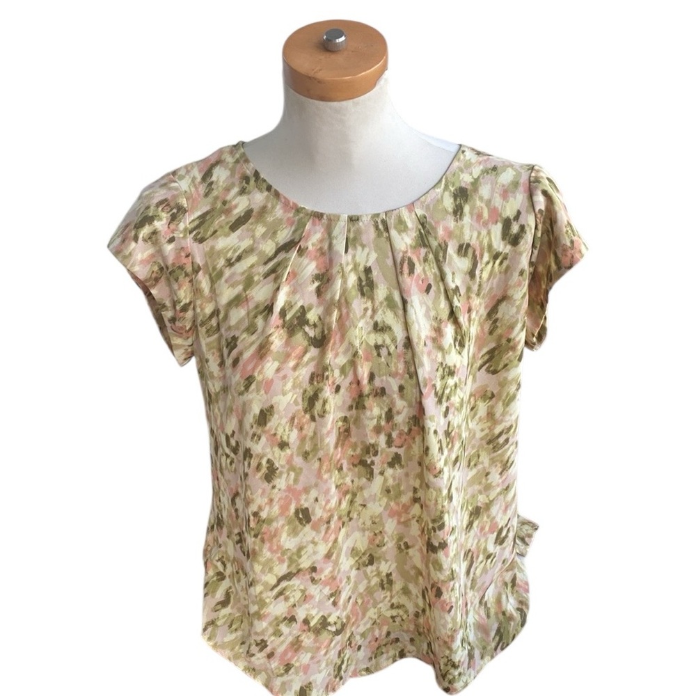 41 Hawthorn Cap Sleeve green cream & pink abstract floral Blouse size Large NWT